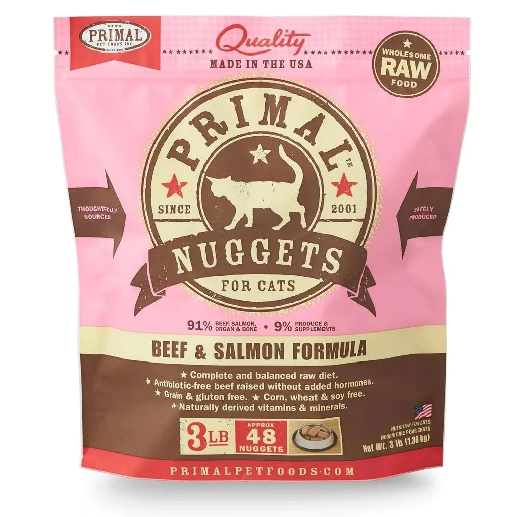 Primal Pet Foods Raw Frozen Nuggets Beef & Salmon Formula Cat Food, 3-lb