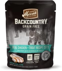 Merrick Backcountry Grain-Free Real Chicken & Trout Recipe Cuts Morsels In Gravy Cat Food Pouches, 3-oz, Case Of 24 (**)