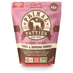 Primal Pet Foods Raw Frozen Patties Turkey & Sardine Formula Dog Food, 6-lb